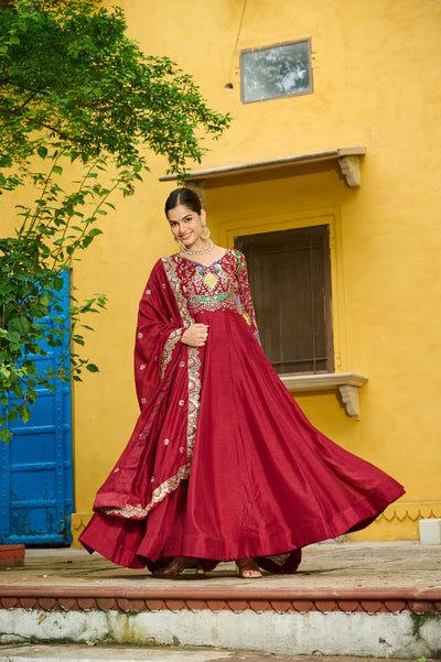 Vichitra Multi Thread Embroidered Kali Gown with Dupatta