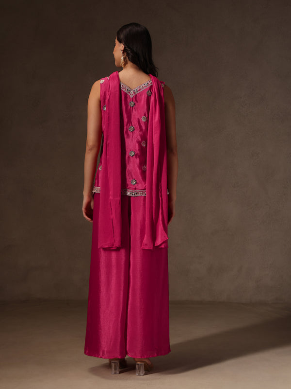 Women Pink Floral Embroidered Chinnon Kurta Sharara Set with Dupatta