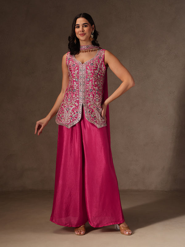 Women Pink Floral Embroidered Chinnon Kurta Sharara Set with Dupatta