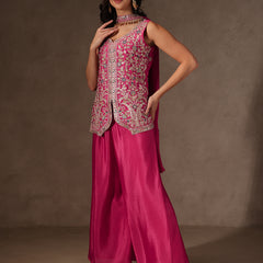 Women Black Floral Embroidered Chinnon Kurta Sharara Set with Dupatta