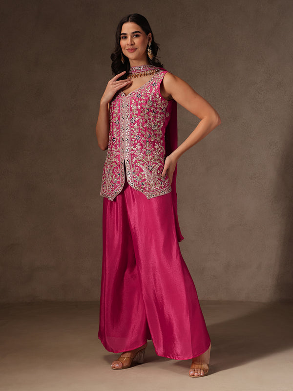 Women Black Floral Embroidered Chinnon Kurta Sharara Set with Dupatta
