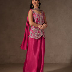 Women Pink Floral Embroidered Chinnon Kurta Sharara Set with Dupatta