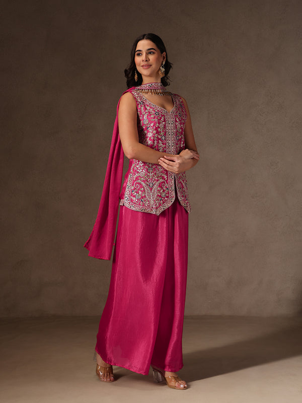 Women Pink Floral Embroidered Chinnon Kurta Sharara Set with Dupatta