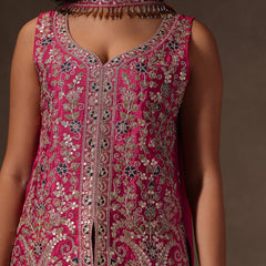 Women Pink Floral Embroidered Chinnon Kurta Sharara Set with Dupatta