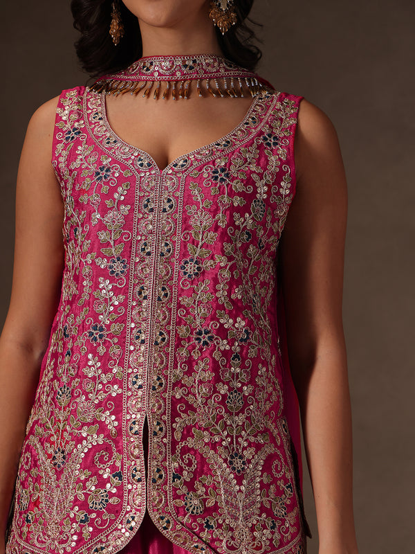 Women Pink Floral Embroidered Chinnon Kurta Sharara Set with Dupatta