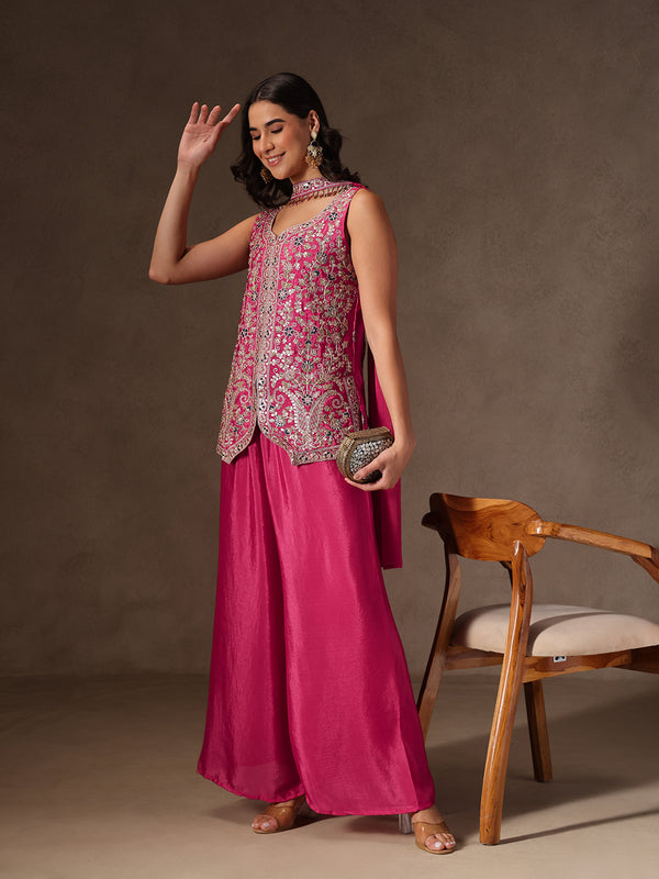 Women Black Floral Embroidered Chinnon Kurta Sharara Set with Dupatta