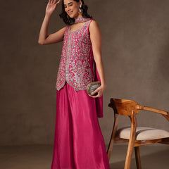 Women Pink Floral Embroidered Chinnon Kurta Sharara Set with Dupatta