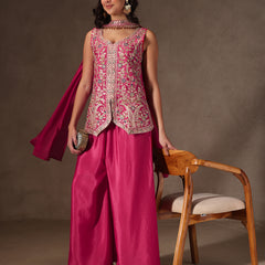 Women Pink Floral Embroidered Chinnon Kurta Sharara Set with Dupatta