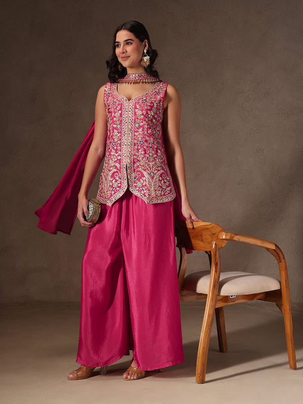 Women Pink Floral Embroidered Chinnon Kurta Sharara Set with Dupatta