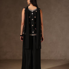 Women Black Floral Embroidered Chinnon Kurta Sharara Set with Dupatta