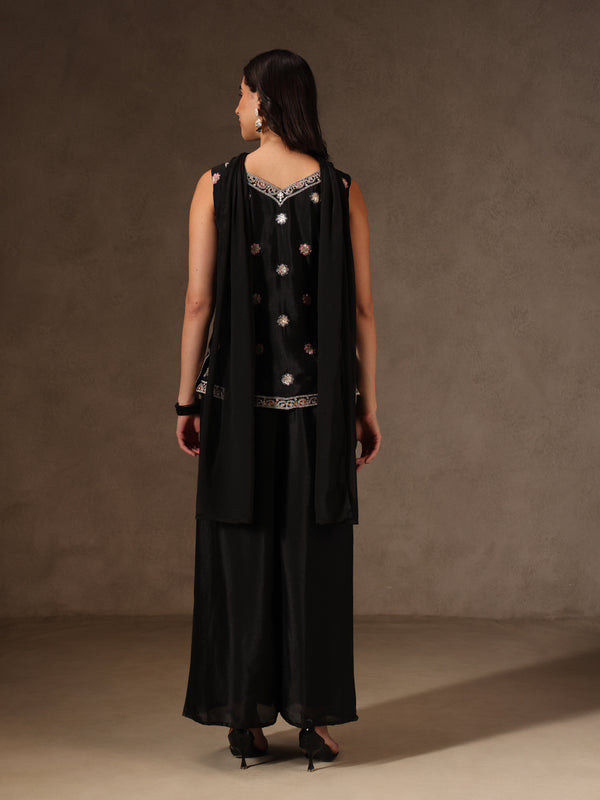 Women Black Floral Embroidered Chinnon Kurta Sharara Set with Dupatta
