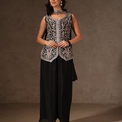 Women Black Floral Embroidered Chinnon Kurta Sharara Set with Dupatta