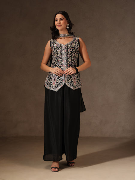 Women Black Floral Embroidered Chinnon Kurta Sharara Set with Dupatta