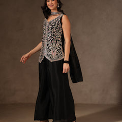 Women Black Floral Embroidered Chinnon Kurta Sharara Set with Dupatta