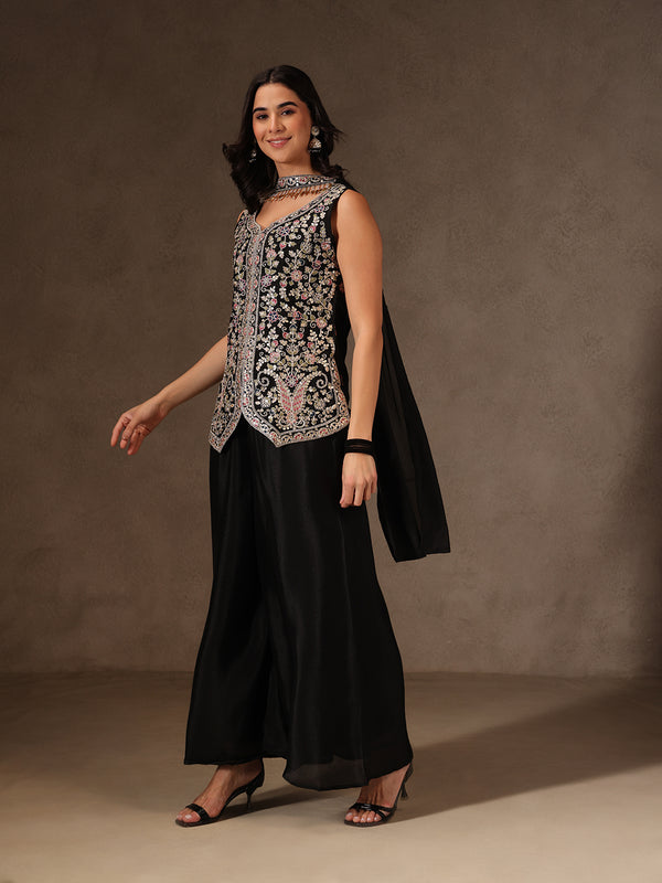 Women Black Floral Embroidered Chinnon Kurta Sharara Set with Dupatta