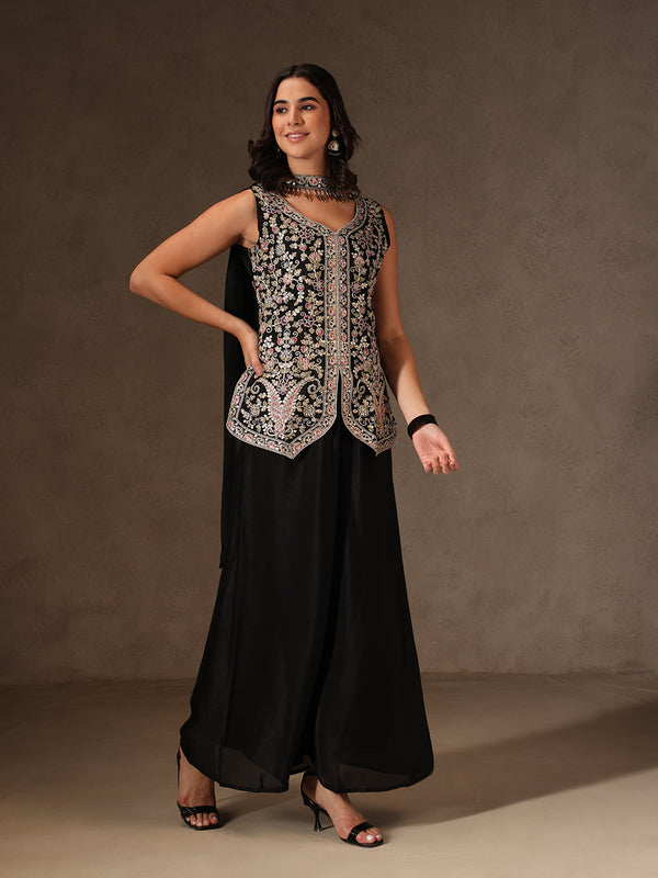 Women Black Floral Embroidered Chinnon Kurta Sharara Set with Dupatta