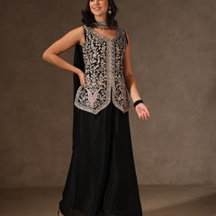 Women Black Floral Embroidered Chinnon Kurta Sharara Set with Dupatta