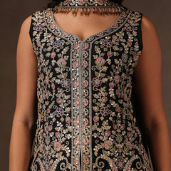 Women Black Floral Embroidered Chinnon Kurta Sharara Set with Dupatta
