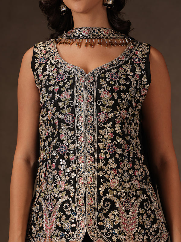 Women Black Floral Embroidered Chinnon Kurta Sharara Set with Dupatta