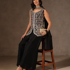 Women Black Floral Embroidered Chinnon Kurta Sharara Set with Dupatta