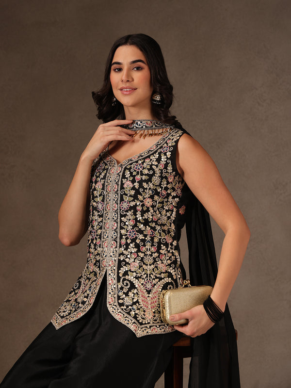 Women Black Floral Embroidered Chinnon Kurta Sharara Set with Dupatta
