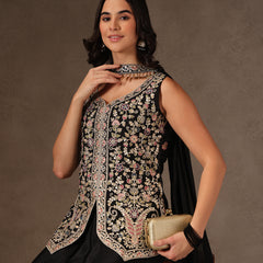 Women Black Floral Embroidered Chinnon Kurta Sharara Set with Dupatta