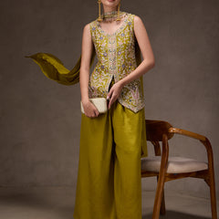 Women Olive Green Floral Embroidered Chinnon Kurta Sharara Set with Dupatta