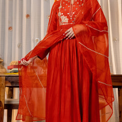 Women's Chanderi Silk Embroidered Kurti Pant Set with Embroidered Chanderi Dupatta