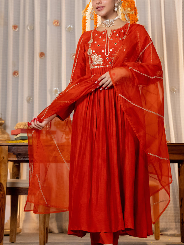 Women's Chanderi Silk Embroidered Kurti Pant Set with Embroidered Chanderi Dupatta