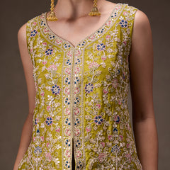 Women Olive Green Floral Embroidered Chinnon Kurta Sharara Set with Dupatta