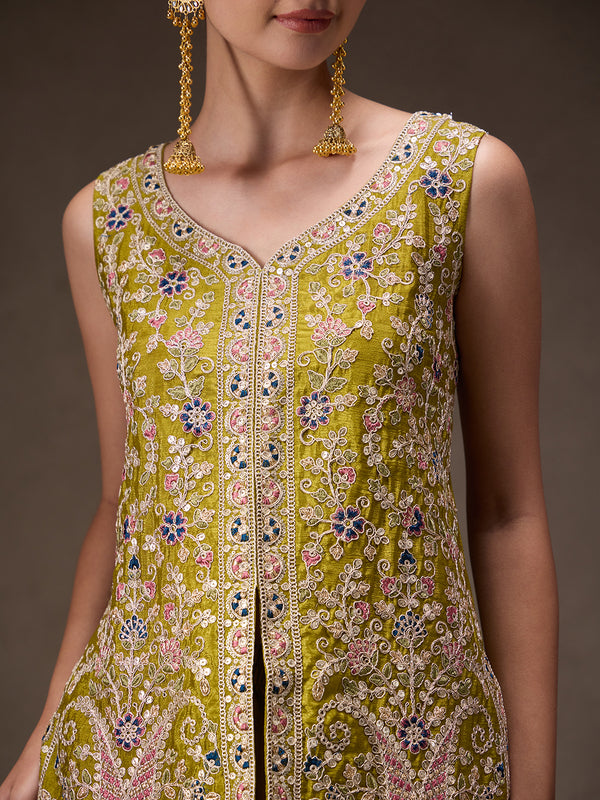 Women Olive Green Floral Embroidered Chinnon Kurta Sharara Set with Dupatta