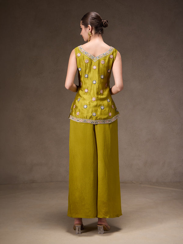 Women Olive Green Floral Embroidered Chinnon Kurta Sharara Set with Dupatta