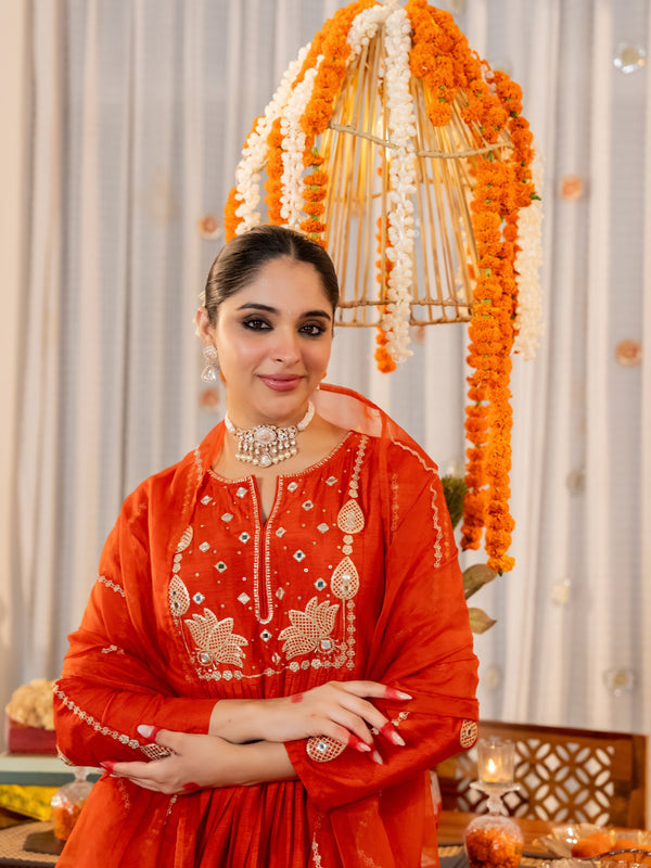 Women's Chanderi Silk Embroidered Kurti Pant Set with Embroidered Chanderi Dupatta