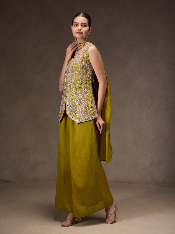 Women Olive Green Floral Embroidered Chinnon Kurta Sharara Set with Dupatta