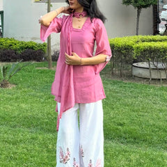 Pure Roman Silk With Fancy Sleeves And Tassels Palazzo Suit Set