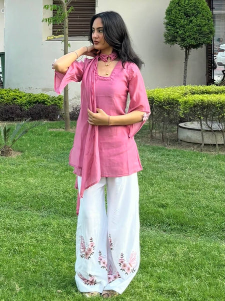Pure Roman Silk With Fancy Sleeves And Tassels Palazzo Suit Set