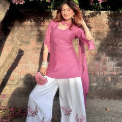 Pure Roman Silk With Fancy Sleeves And Tassels Palazzo Suit Set