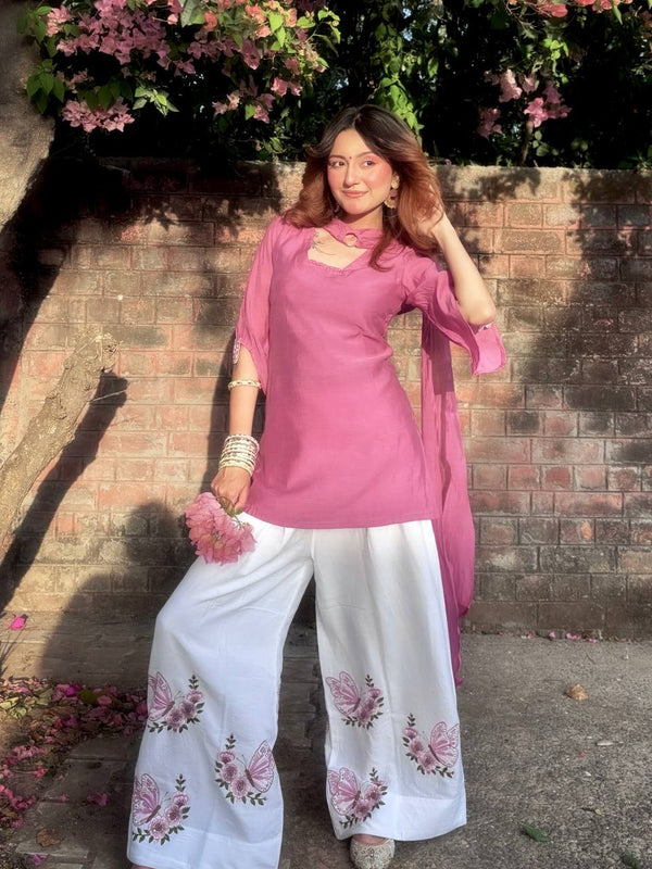 Pure Roman Silk With Fancy Sleeves And Tassels Palazzo Suit Set