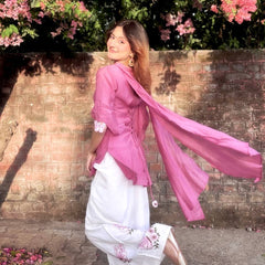 Pure Roman Silk With Fancy Sleeves And Tassels Palazzo Suit Set