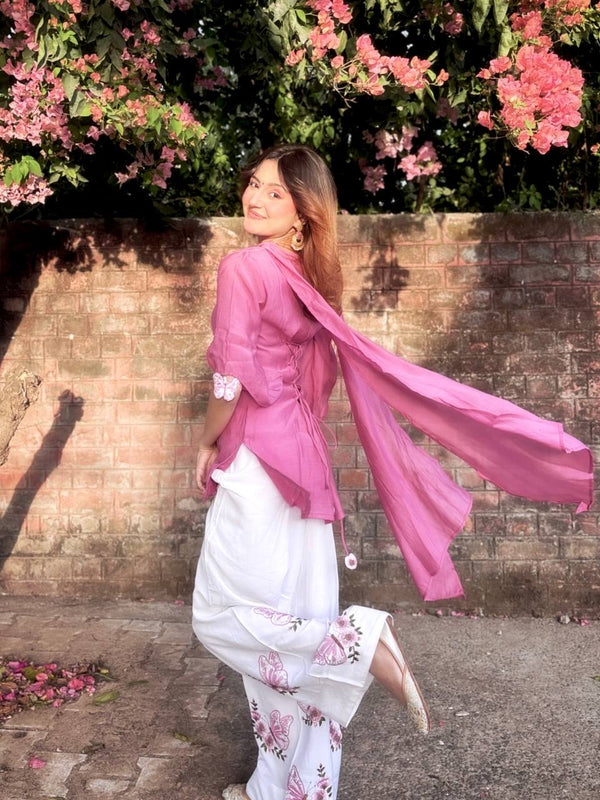Pure Roman Silk With Fancy Sleeves And Tassels Palazzo Suit Set