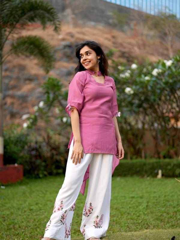 Pure Roman Silk With Fancy Sleeves And Tassels Palazzo Suit Set