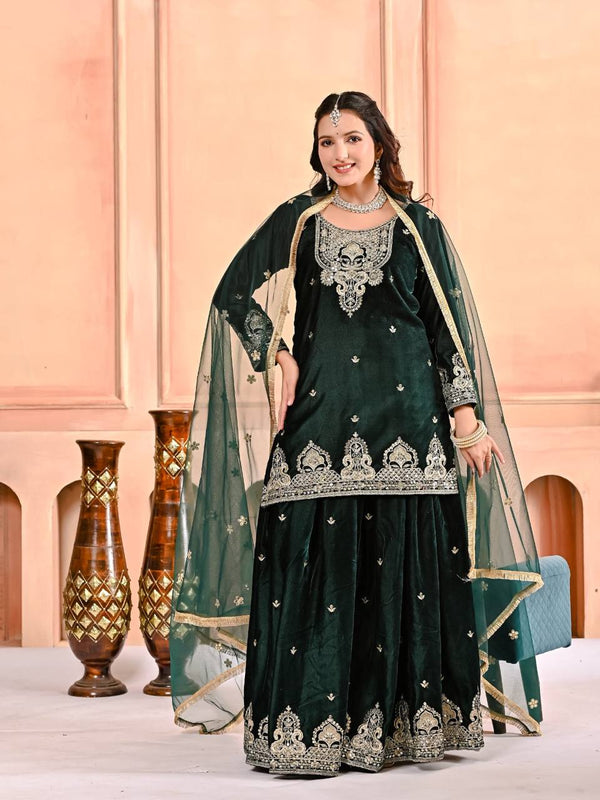 Pure Heavy Viscose Velvet Sharara Palazzo Suit Set