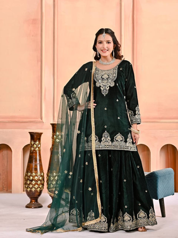Pure Heavy Viscose Velvet Sharara Palazzo Suit Set