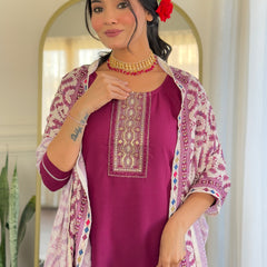 Rayon With Embroidery Kurti Pant Set With Dupatta