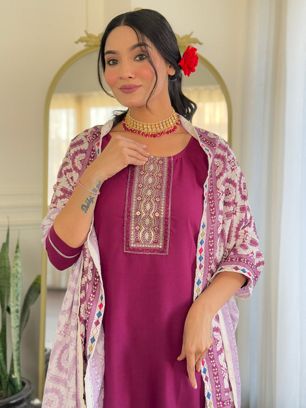 Rayon With Embroidery Kurti Pant Set With Dupatta