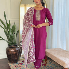 Rayon With Embroidery Kurti Pant Set With Dupatta