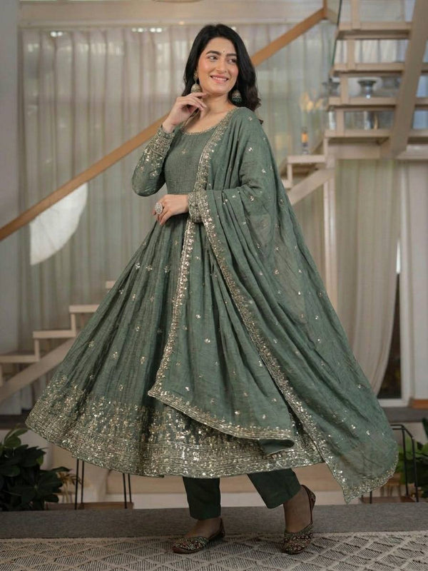 Heavy Crunchy Silk Material With 5mm Sequence Embroidery Work Anarkali Suit