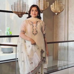 Pure Fendi Silk With Embroidery Sequence Work, Fancy Diamond Hand Work, Fancy Moti Latkan Border, And Sleeves Palazzo Suit Set