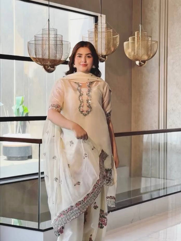 Pure Fendi Silk With Embroidery Sequence Work, Fancy Diamond Hand Work, Fancy Moti Latkan Border, And Sleeves Palazzo Suit Set