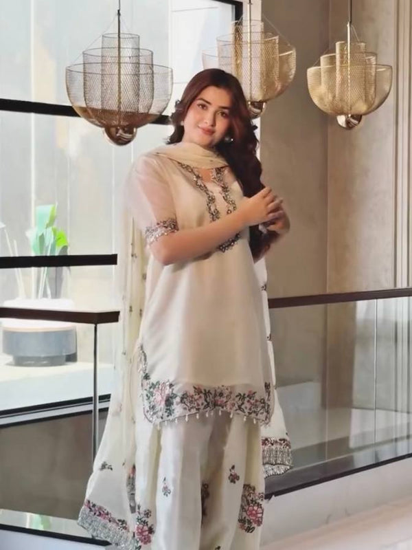 Pure Fendi Silk With Embroidery Sequence Work, Fancy Diamond Hand Work, Fancy Moti Latkan Border, And Sleeves Palazzo Suit Set